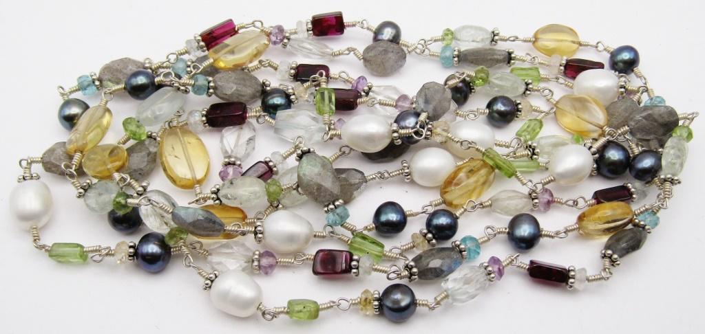 60 INCH LONG STERLING NECKLACE WITH MULTI: COLORED STONES & PEALS!! TOTAL 31 DWT