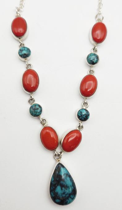 17 INCH SOUTHWESTERN 925 NECKLACE WITH: RED JASPER AND TURQUOISE STONES-TOTAL 14 DWT