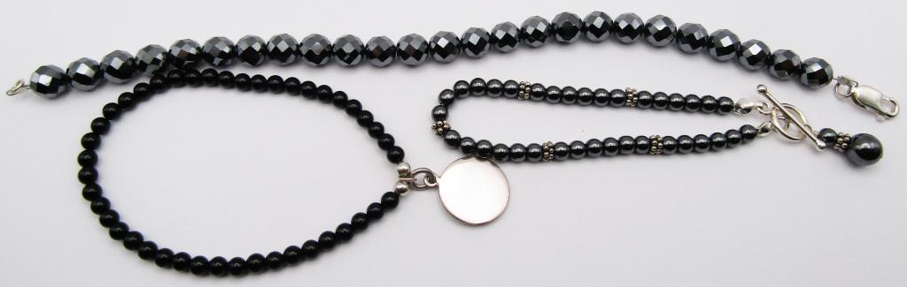 3-BLACK BEADED BRACELETS WITH 925 CLASPS: SOME WITH 925 BEAD ACCENTS