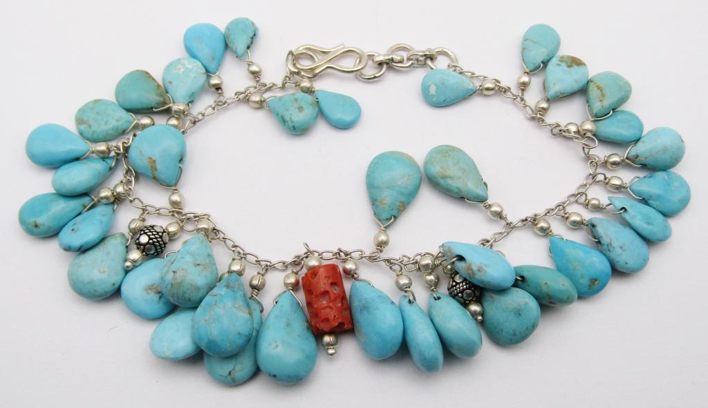 8.5 INCH SOUTHWESTERN STERLING BRACELET WITH: TURQUOISE BEADED CHARMS-RED CORAL ACCENTS
