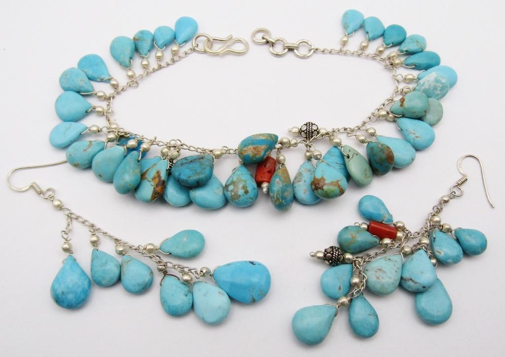 SET! SOUTHWESTERN STERLING BRACELET WITH: TURQUOISE BEAD CHARMS & RED CORAL ACCENTS WITH MATCHING PAIR OF PIERCED DANGLY EARRINGS-BRACELET MEASURES 8.5 INCHES