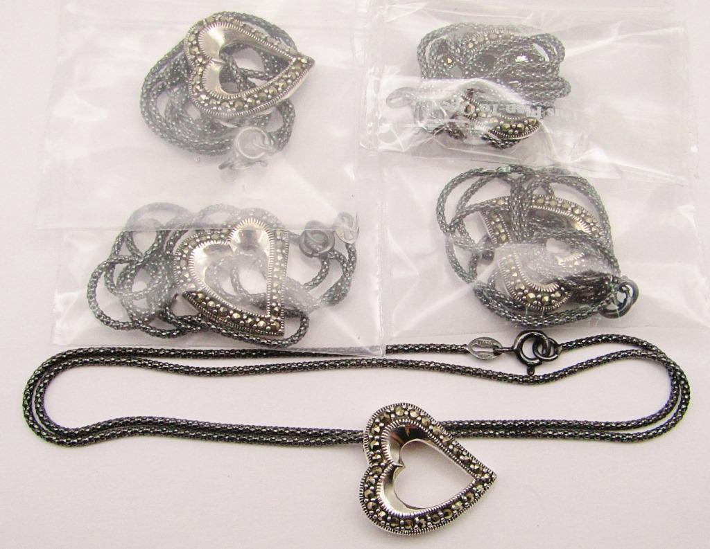 JEWELER'S LOT! (5)STERLING HEART MARCASITE: NECKLACES-MEASURES 20 INCHES-TOTAL 15 DWT