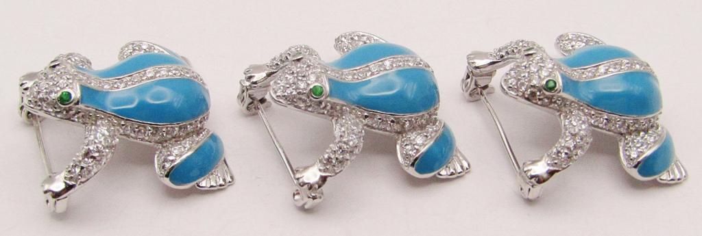 3-STERLING FROG BROOCHES/PINS WITH: RHINESTONES/TEAL ENAMEL/EMRALD GREEN RHINESTONE EYES-TOTAL 17 DWT