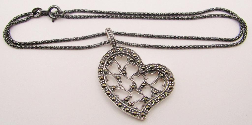 NEW! STERLING MARCASITE HEART PENDANT WITH: CHAIN-MEASURES 18 INCHES-TOTAL 4 DWT