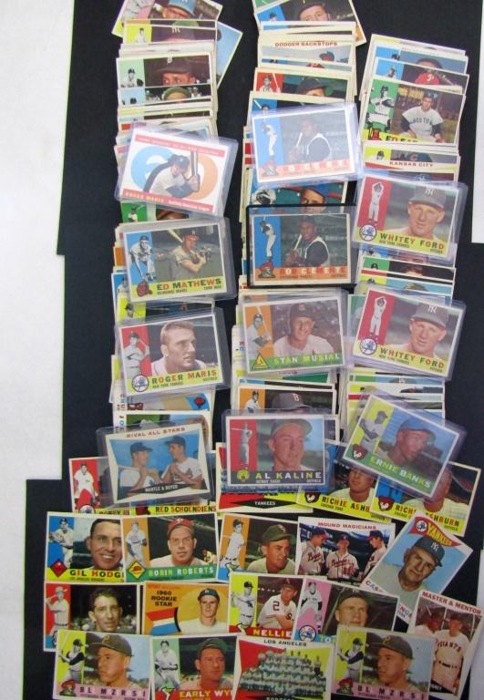 (281) 1960 TOPPS BASEBALL CARD STARTER SET: includes #1 WYNN, #7 MAYS/RIGNEY, #10 BANKS, #18 DODGERS, (2) #35 WHITEY FORD, #50 KALINE, (2) #55 MAZEROSKI, #83 KUBEK, #100 FOX, #132 HOWARD ROOKIE, #160 MANTLE/BOYER, #173 MARTIN, #227 STENGEL, #23