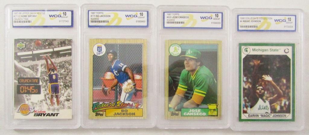 (4) WCG GRADED SPORTS CARDS - KOBE BRYANT,: MAGIC JOHNSON, JOSE CANSECO ROOKIE & BO JACKSON ROOKIE