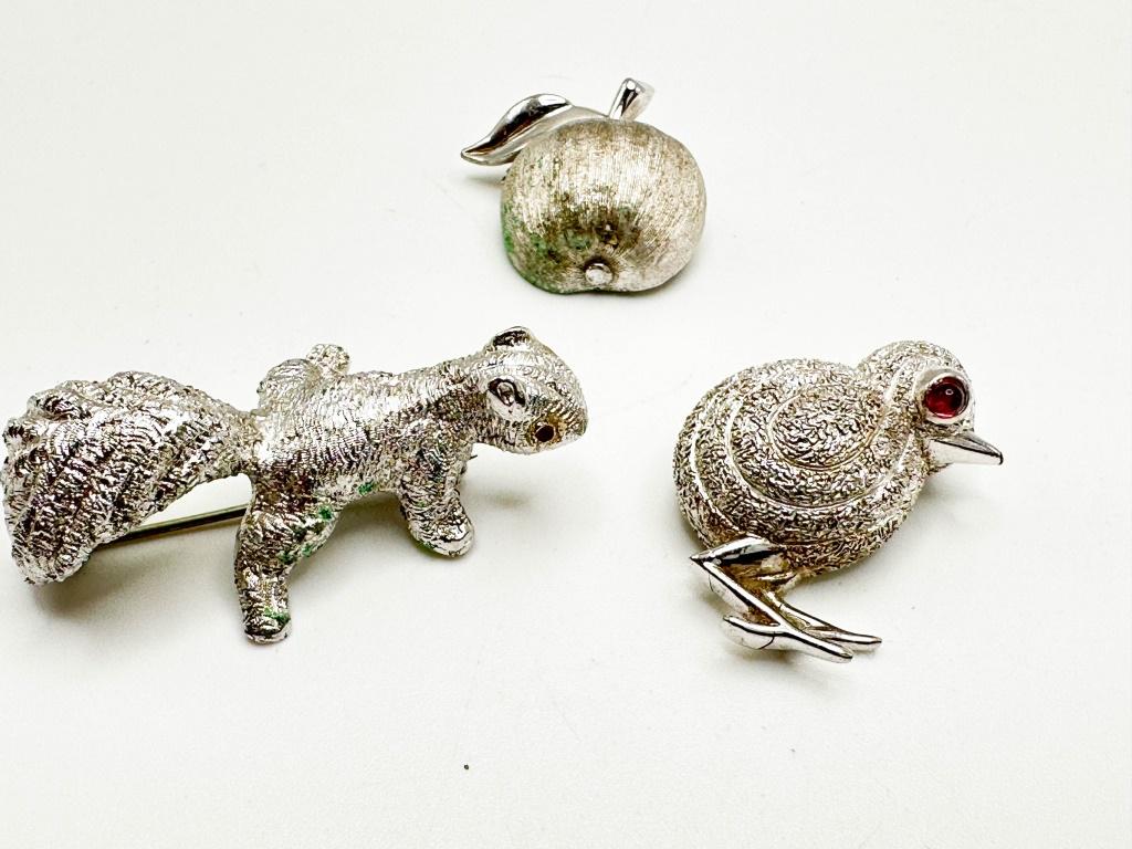 MONET , TRIFARI BROOCHES: MONET SQUIRREL, TRIFARI BIRD , TRIFARI APPLE BROOCHES