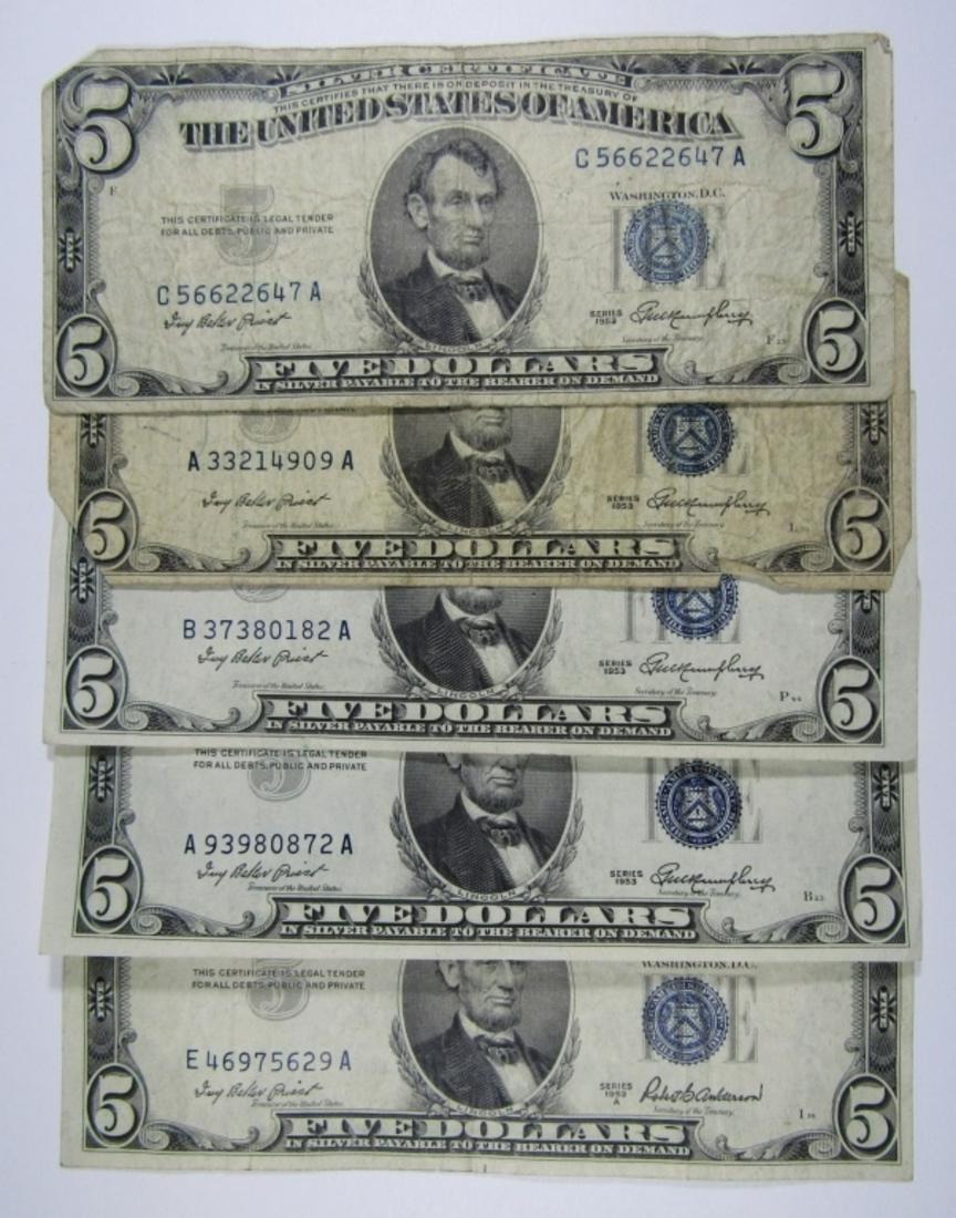 (5) 1953 $5 SILVER CERTIFICATES (1 of 2)