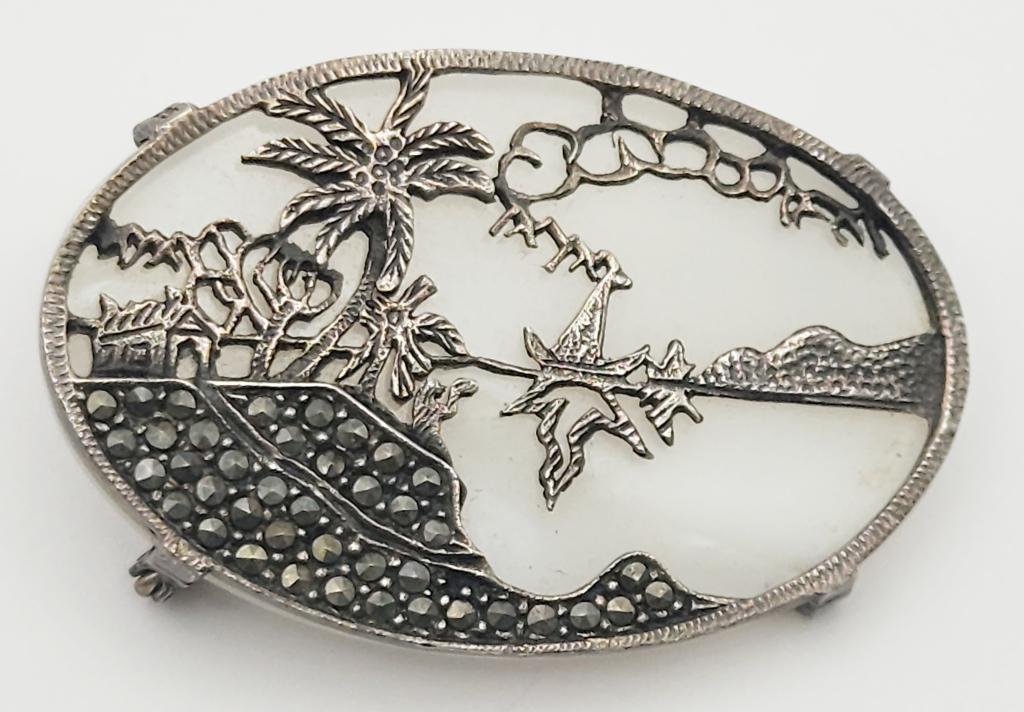 ANTIQUE MOTHER of PEARL / STERLING PIN: MARCASITE ACCENTS - TROPICAL OBLONG PIECE - 2" x 1 1/4" - VERY PRETTY (11 DWT)