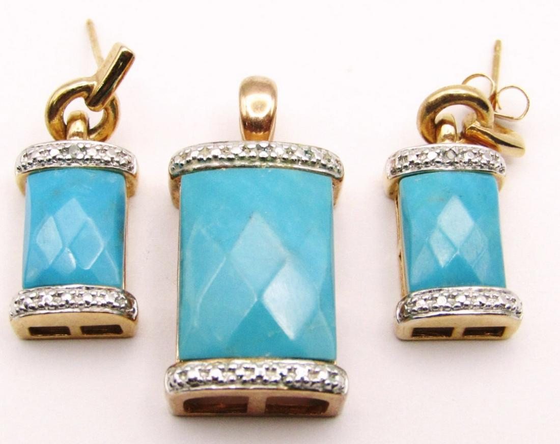 SET! STERLING GOLD TONED PENDANT WITH TURQUOISE: LUCITE WITH MATCHING PAIR OF PIERCED DANGLY EARRINGS-TOTAL 8 DWT