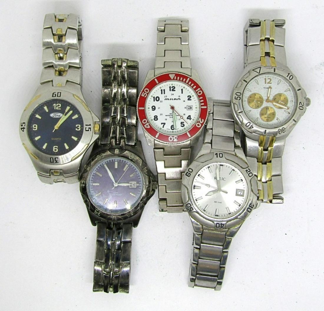 5-CHUNKY SILVER TONED MEN'S WRISTWATCHES: (1 of 5)