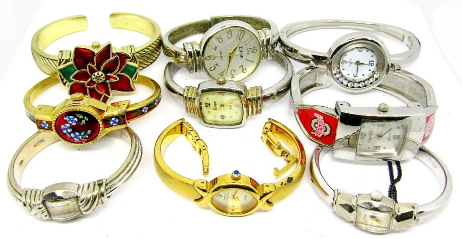 (9) CUFF LADIES WRIST WATCHES - OHIO STATE,: ARMITRON DIAMOND GOLD TONED, (2) VTG BULOVA, PRIMAX 17j, & OTHERS - UNTESTED