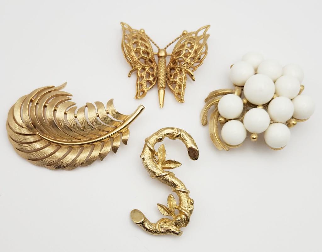 4-VINTAGE GOLD TONED BROOCHES-TRIFARI-MONET: SARAH COVENTRY-BUTTERFLY-"S" INITIAL-WHITE LUCITE ACCENTS