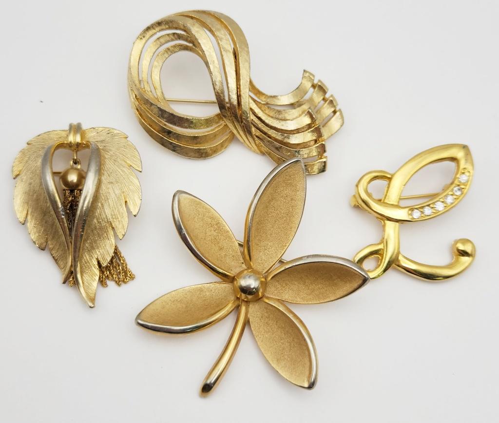 4-VINTAGE GOLD TONED BROOCHES: TRIFARI: (1)WITH RHINESTONES
