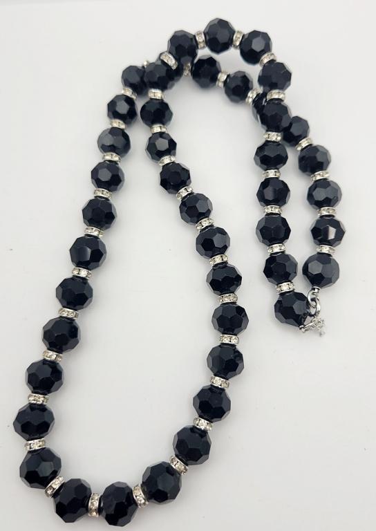 24 INCH TRIFARI BLACK BEADED NECKLACE WITH: RHINESTONE BEAD ACCENTS