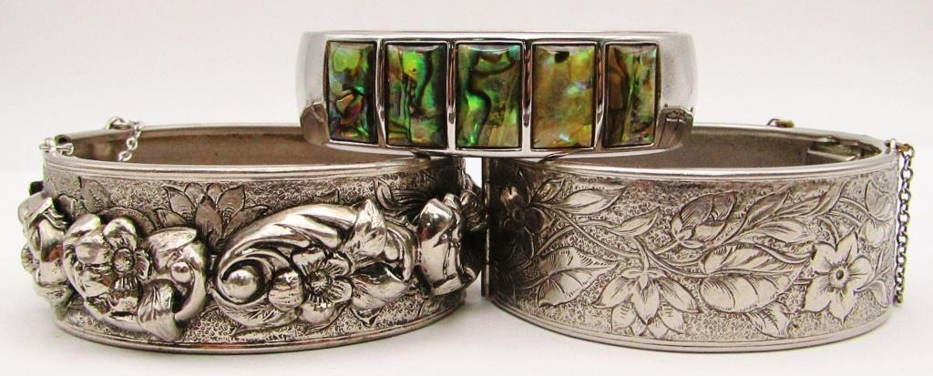 3-VINTAGE SILVER TONED HINGED BANGLES: CORO (1 of 5)