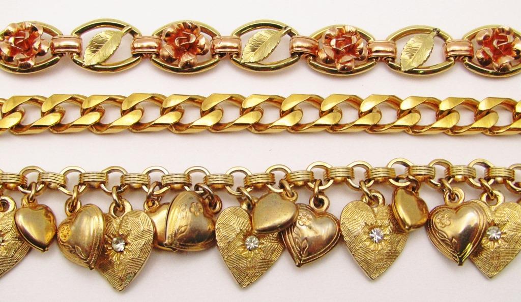 3-VITNAGE GOLD TONED FASHION BRACELETS:: (1)KREMENTZ ROSE PANEL (1)FILIGREE DESIGN & (1)HEART CHARM BRACELET-VARIOUS LENGTHS