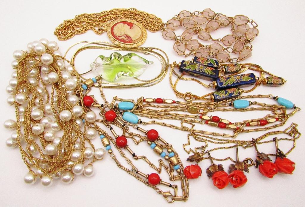 8-VINTAGE GOLD TONED NECKLACES: CAMEO-ENAMEL (1 of 5)