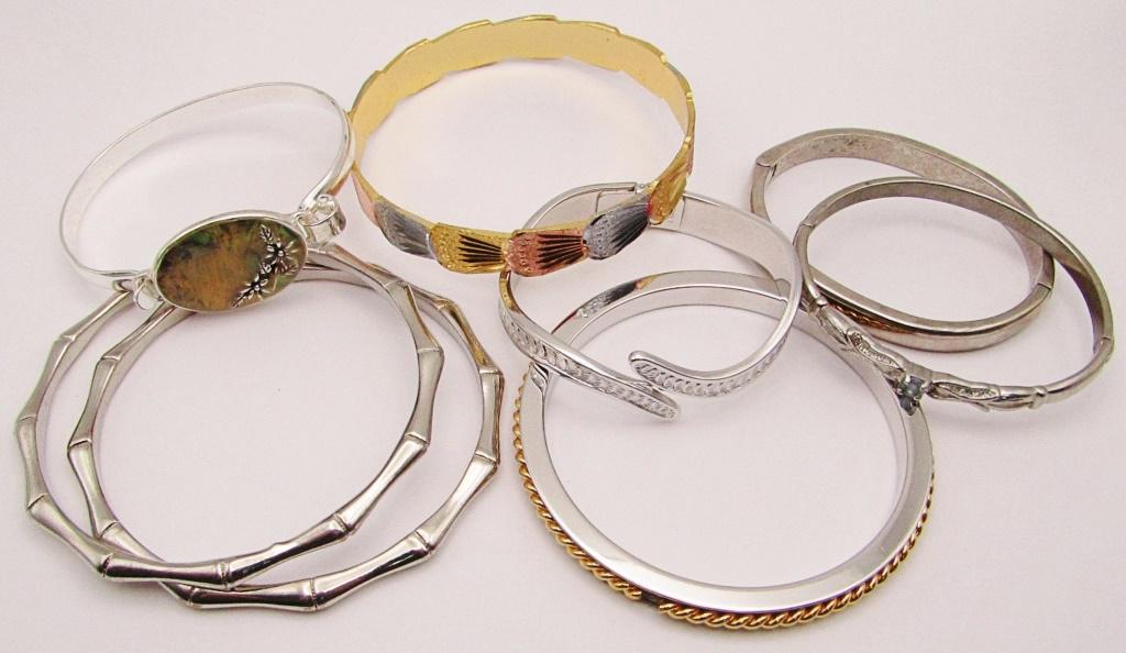 8-SILVER TONED FASHION BANGLES: MONET: VARIOUS SIZES/DESIGNS