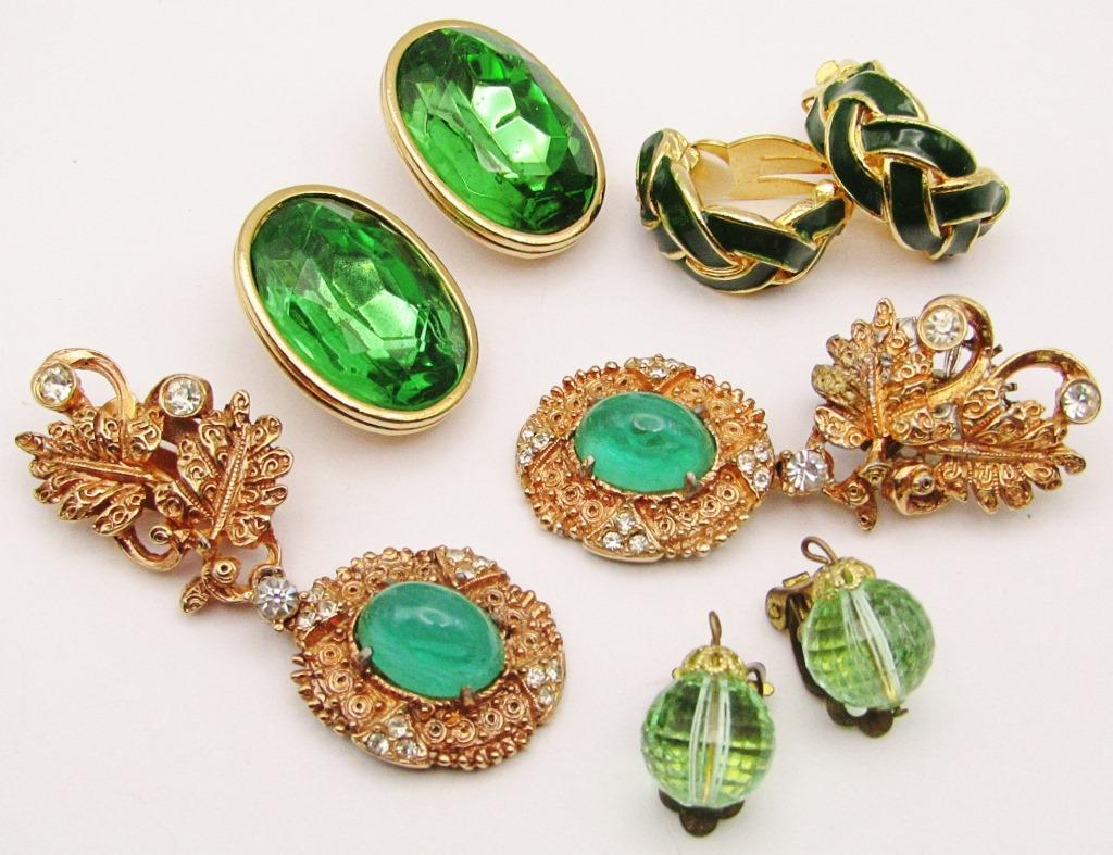 4-VINTAGE PAIRS OF CLIP ON EARRINGS-GOLD TONED: JAPAN-GREEN RHINESTONES/LUCITE/ENAMEL