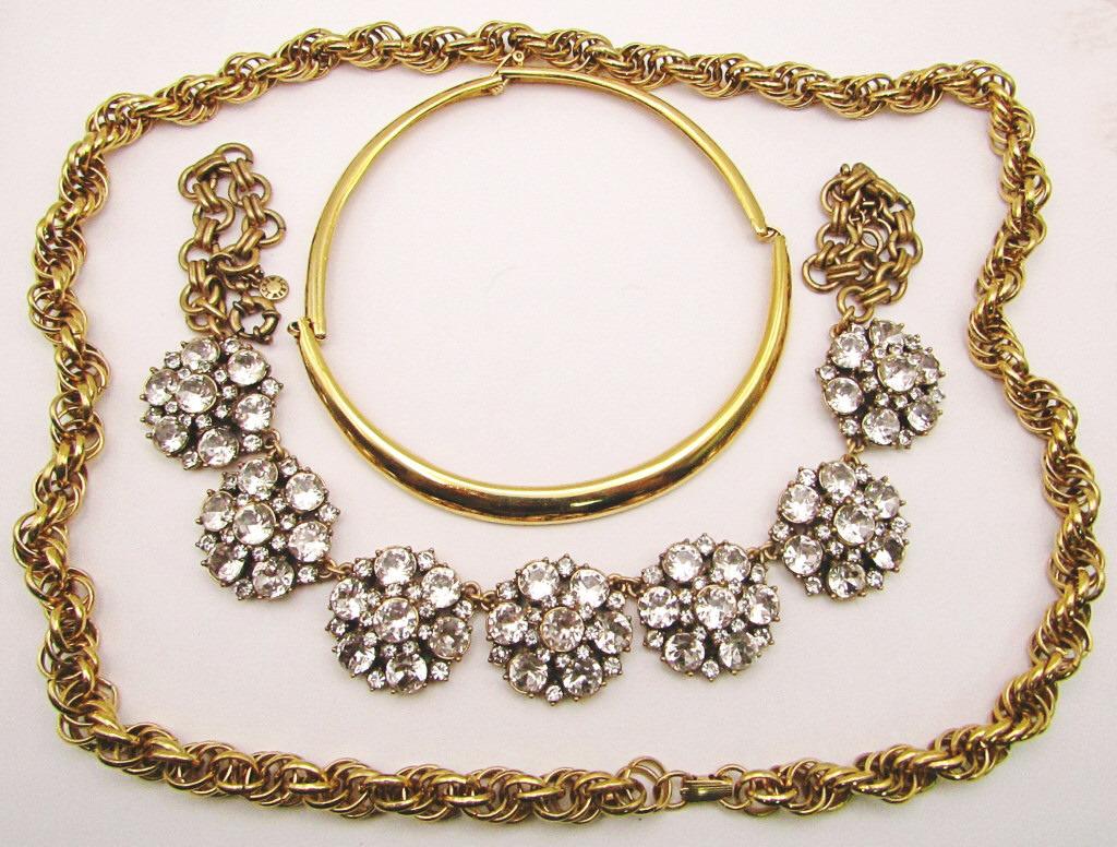 3-VINTAGE GOLD TONED NECKLACES: COLLAR CHOKER-RHINSTONE FLOWERS & BRAIDED LINK DESIGN-VARIOUS LENGTHS/STYLES
