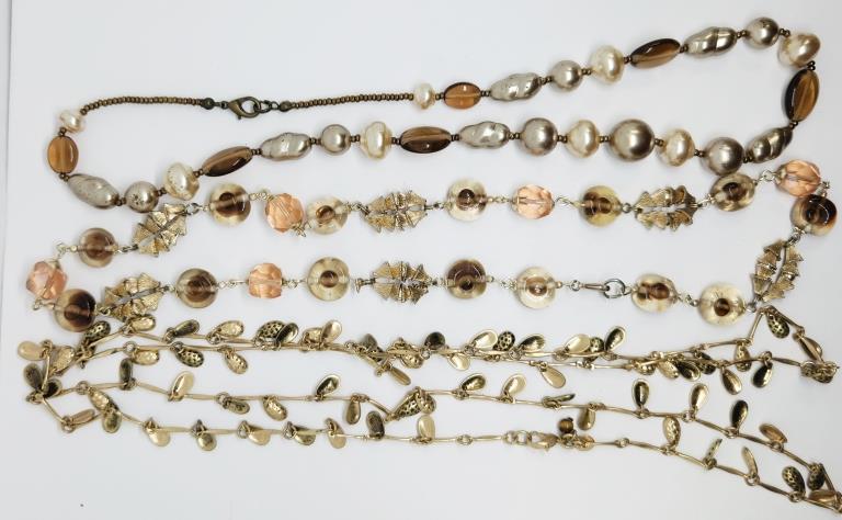 3-VTG GOLD TONED NECKLACES: (2)WITH LUCITE/: BEAD ACCENTS & (1)LOADED WITH DANGLY TEARDROP CHARMS