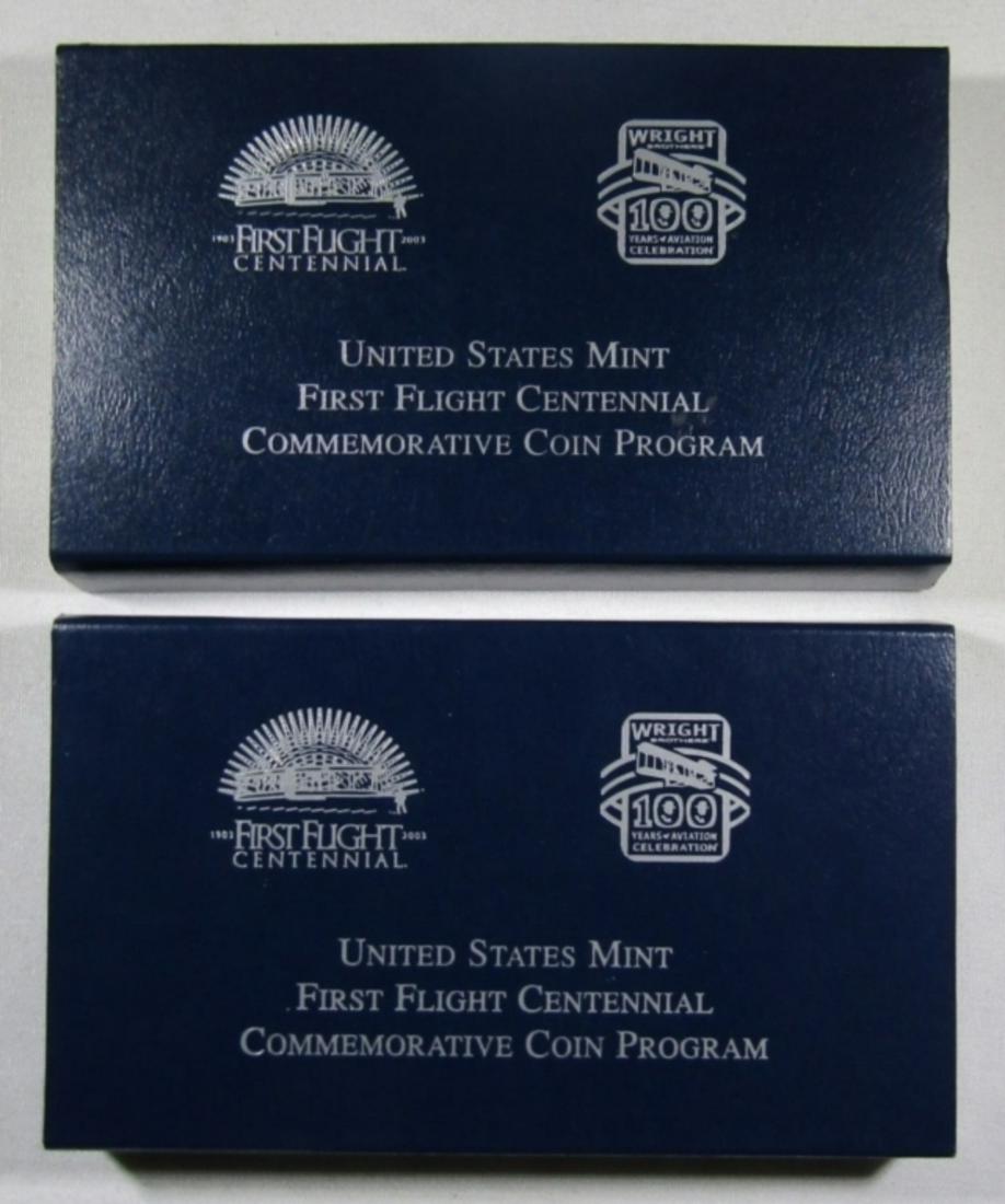 TWO COMMEMS IN ORIG PACKAGE: TWO 2003 FIRST FLIGHT CENTENNIAL SILVER DOLLARS ONE PROOF AND ONE UNC.