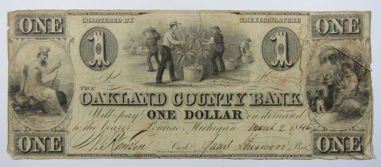 1846 $1 MICHIGAN  OBSOLETE CURRENCY NOTE (1 of 2)