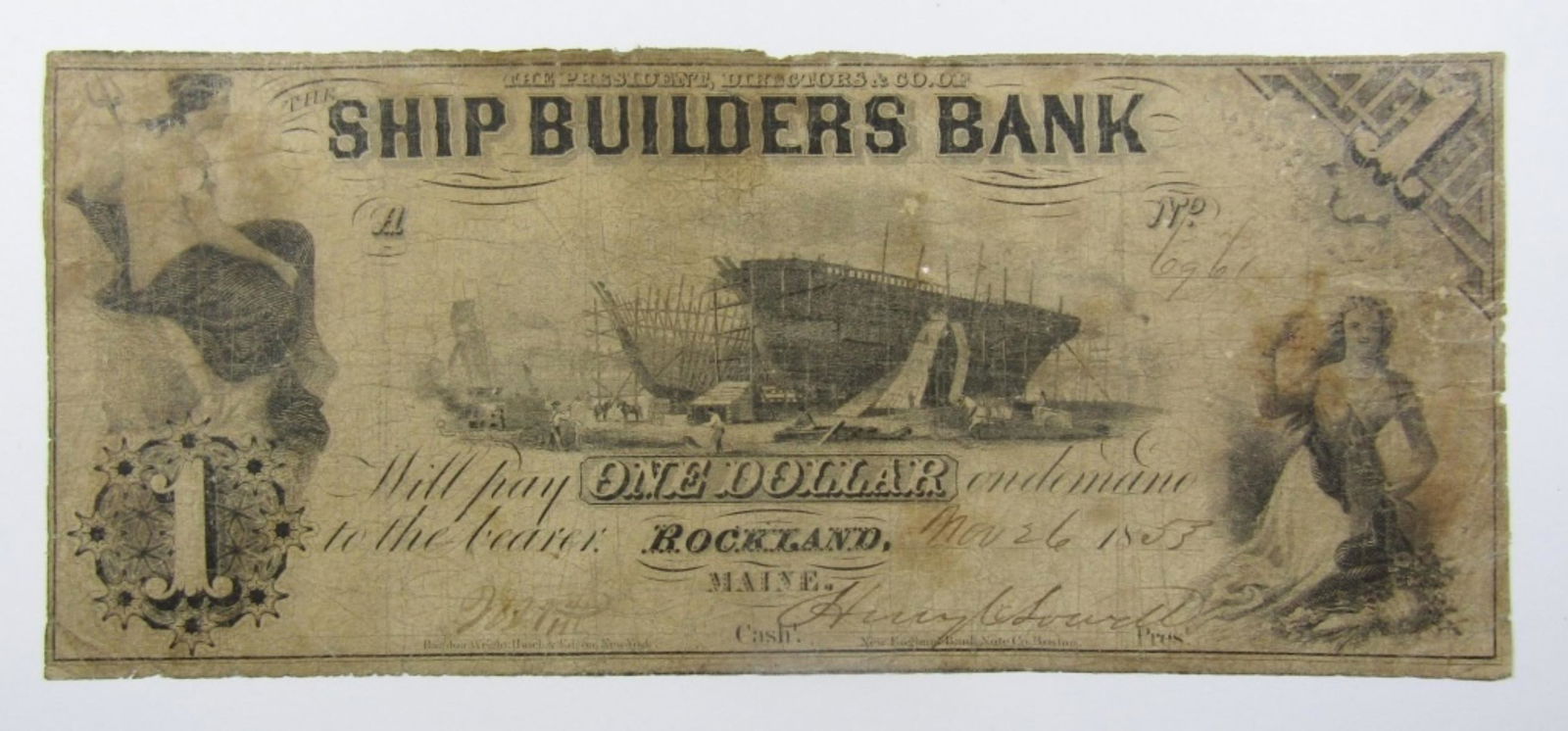 1853 $1 MAINE OBSOLETE CURRENCY NOTE (1 of 2)