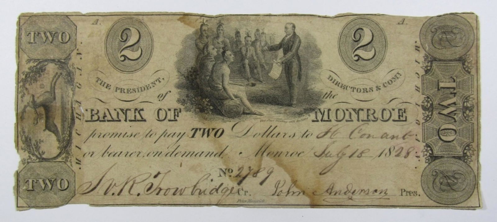 1828 $2 MICHIGAN OBSOLETE CURRENCY NOTE (1 of 2)