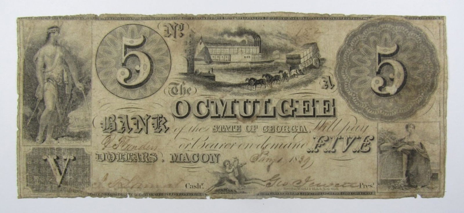 1839 $5 GEORGIA OBSOLETE CURRENCY NOTE (1 of 2)