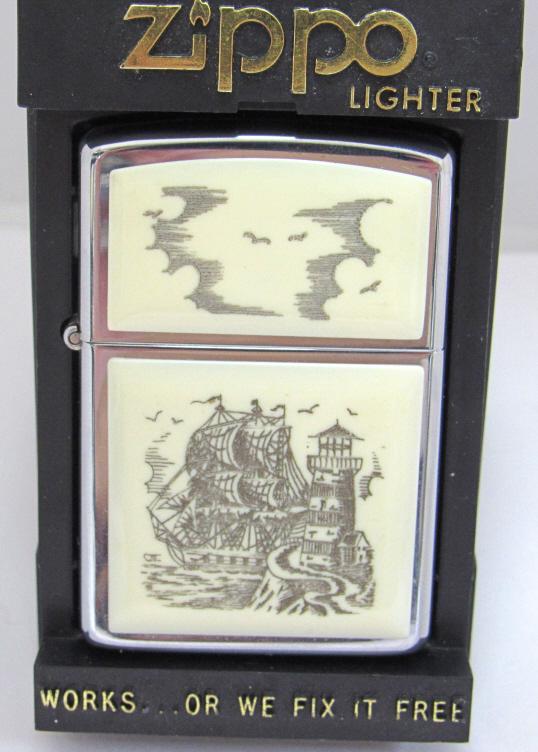 1984 Unfired Zippo ScrimShaw Ship & LightHouse: UnFired Lighter in Case!