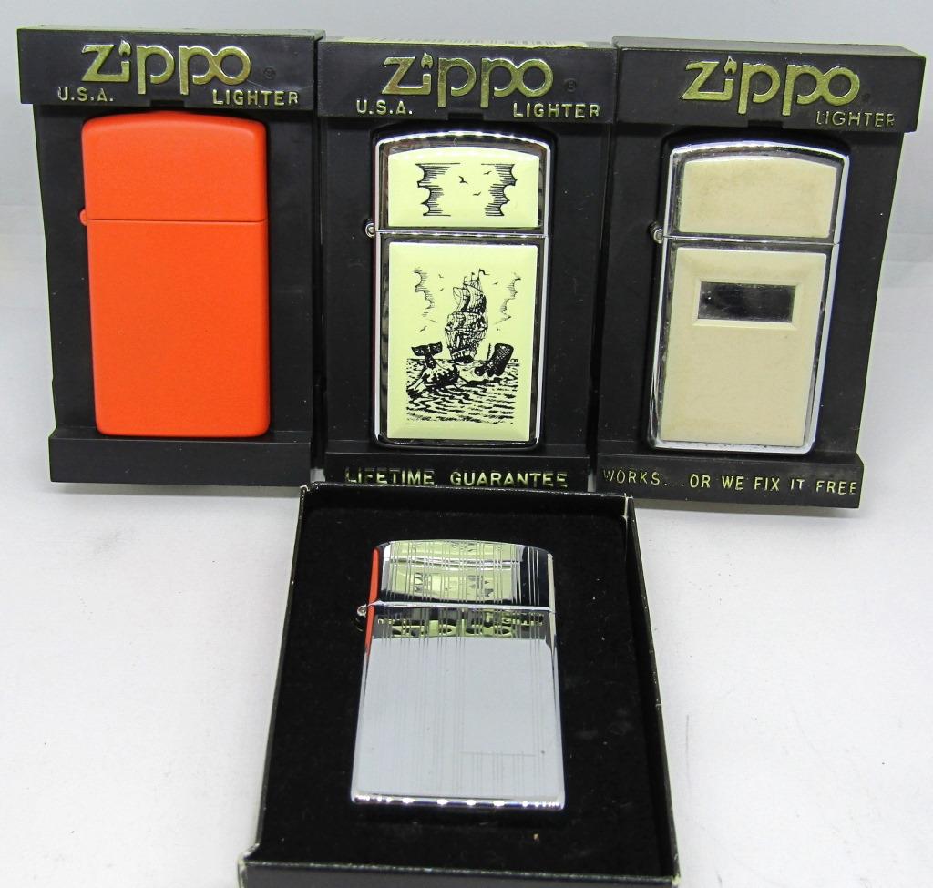 (4) ZIPPO LIGHTERS: 2007 w/SHIP SCRIMSHAW: 1980 CREAM COLOR, 2014 ORANGE, 1978 SILVER ART DECO unused