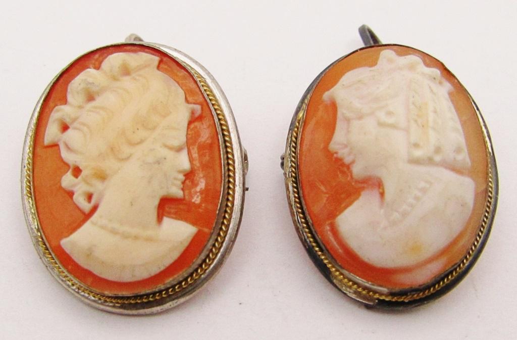 (2) ANTIQUE 800 SILVER CAMEO PENDANT / PIN: SHELL DESIGN ( 4 DWT)