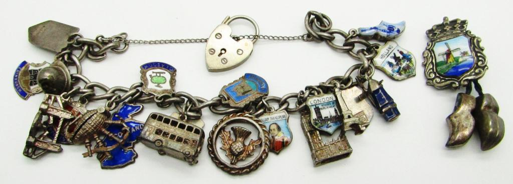 STERLING CHARM BRACELET - PARIS LONDON: SCOTTLAND, HOLLAND VACATION CHARM BRACELET with HOLLAND WINDMILL PIN - 37 dwt