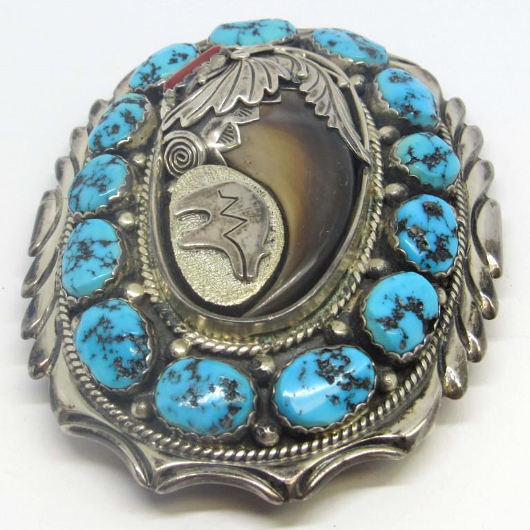 DANNY DALE SOUTHWESTERN ZUNI BEAR BELT: BUCKLE-LOADED WITH TURQUOISE STONES-CLAW! GORGEOUS PIECE! TOTAL 75 DWT