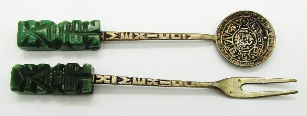 MEXICO STERLING SOUVENEIR SPOON AND FORK: SET WITH CARVED JADE AZTEC TIPS-TOTAL 13 DWT