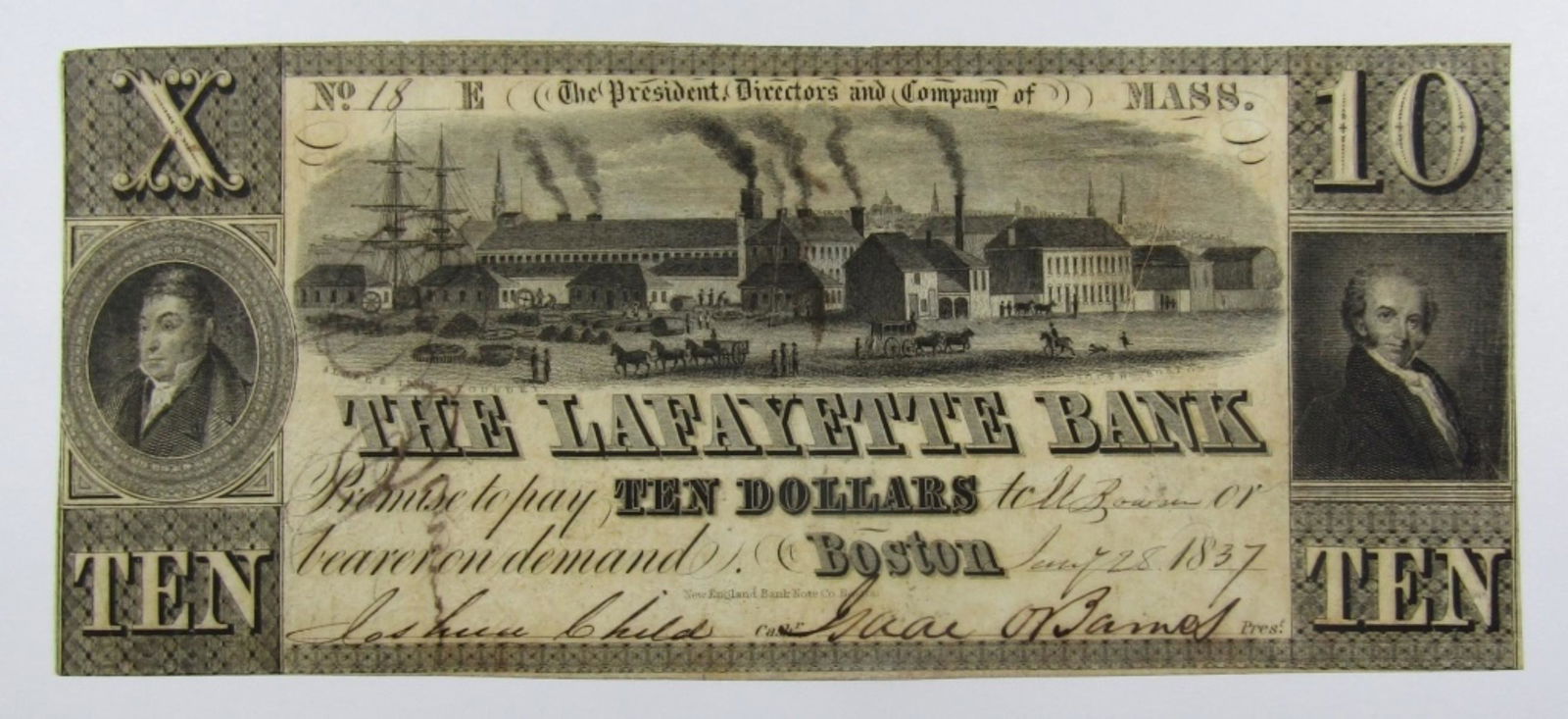 1837 $10 MASSACHUSETTS OBSOLETE NOTE (1 of 2)