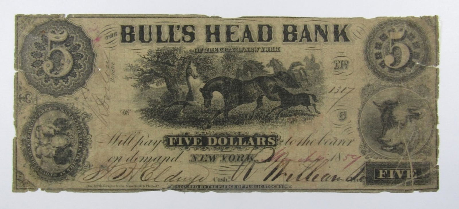 1859 $5 NEW YORK OBSOLETE CURRENCY NOTE (1 of 2)