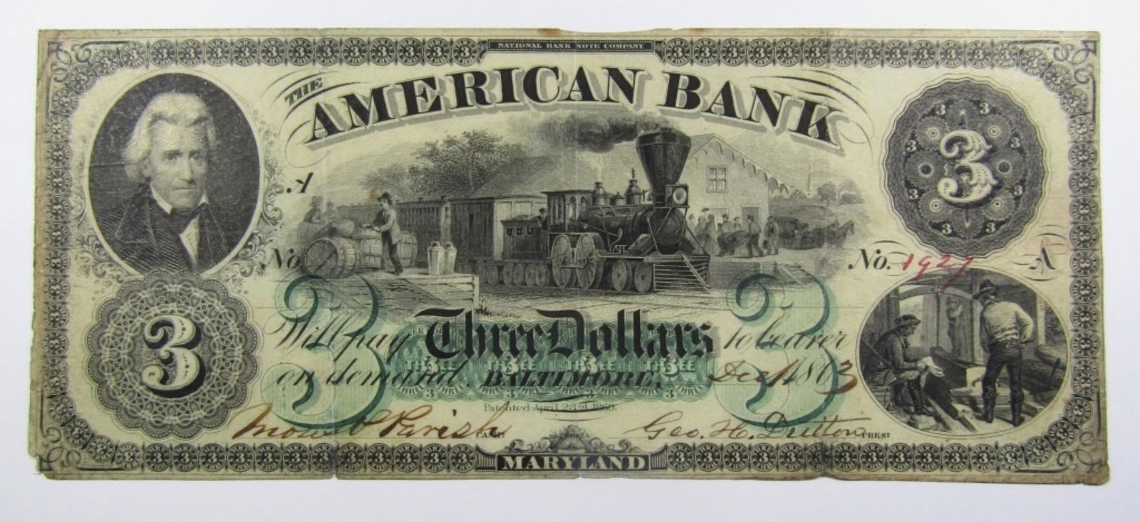 1863 $3 MARYLAND OBSOLETE CURRENCY NOTE (1 of 2)