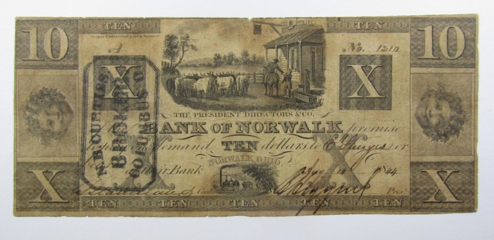 1844 $10 OHIO OBSOLETE CURRENCY NOTE (1 of 2)