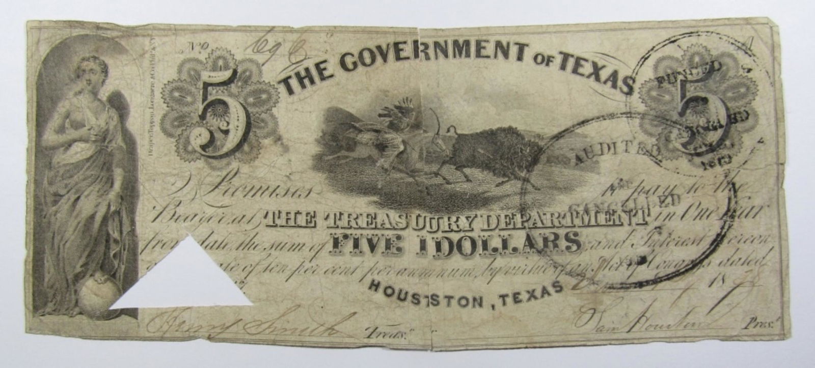 1838 $5 TEXAS OBSOLETE CURRENCY NOTE (1 of 2)