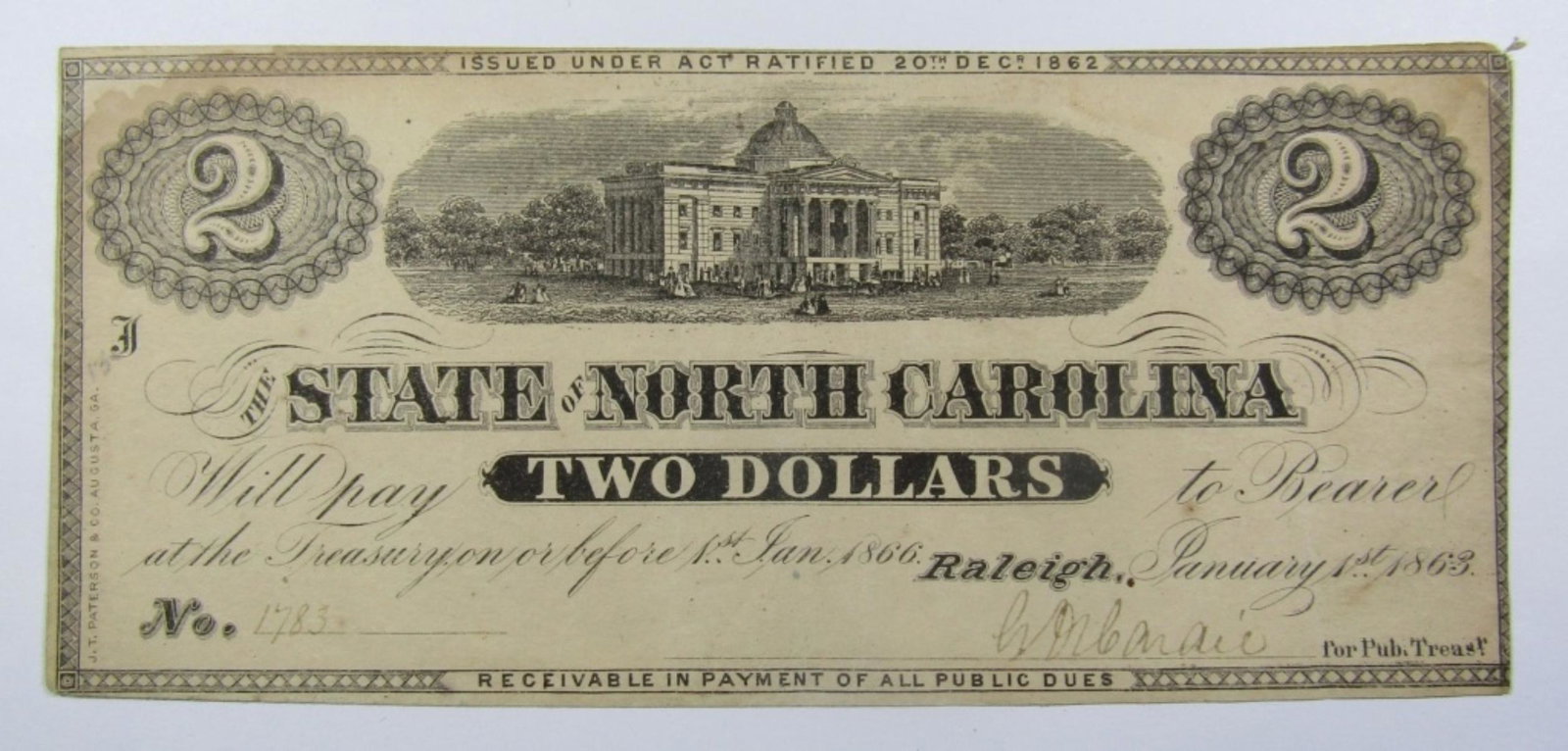 1863 $2 NORTH CAROLINA OBSOLETE CURRENCY: STATE OF NORTH CAROLINA, RALEIGH