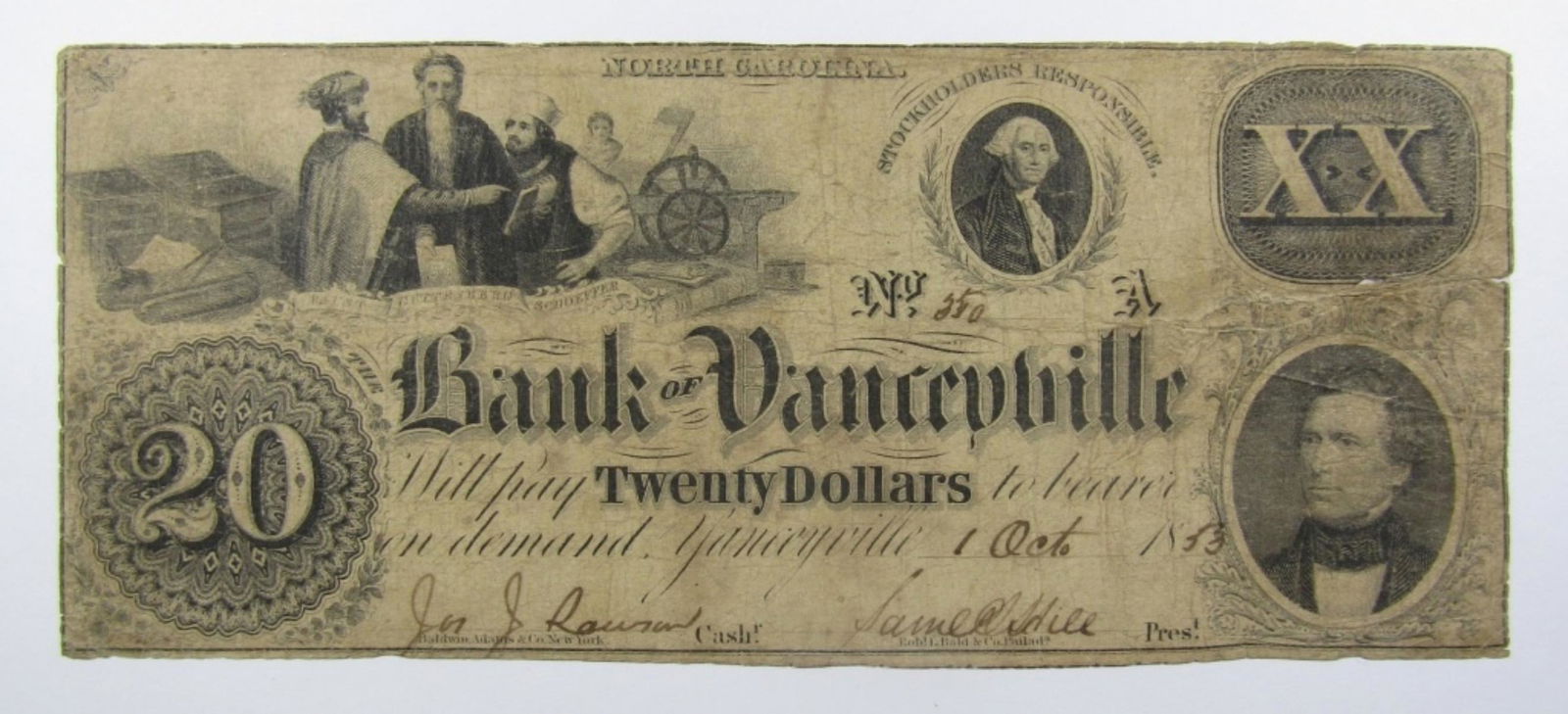 1853 $20 NORTH CAROLINA OBSOLETE NOTE (1 of 2)