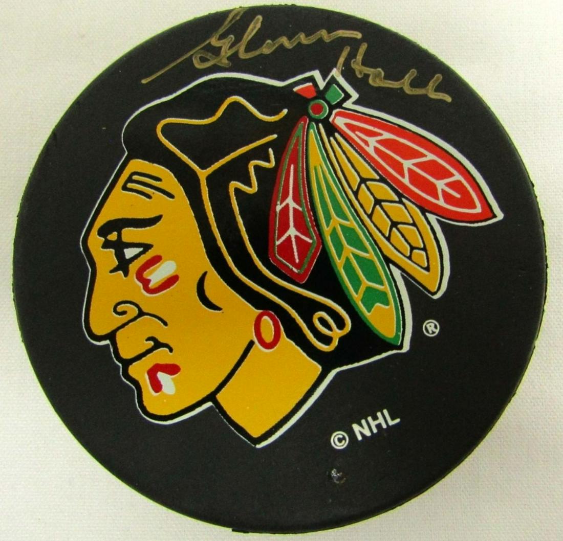 GLENN HALL AUTOGRAPH HOCKEY PUCK: BLACK HAWKS - COA by BASEBALL CARDS & MORE