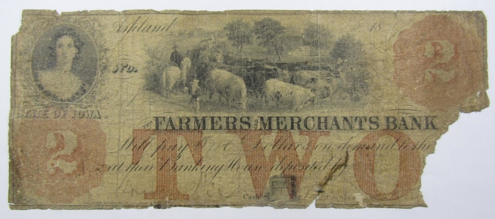 18xx $2 IOWA OBSOLETE CURRENCY NOTE (1 of 2)