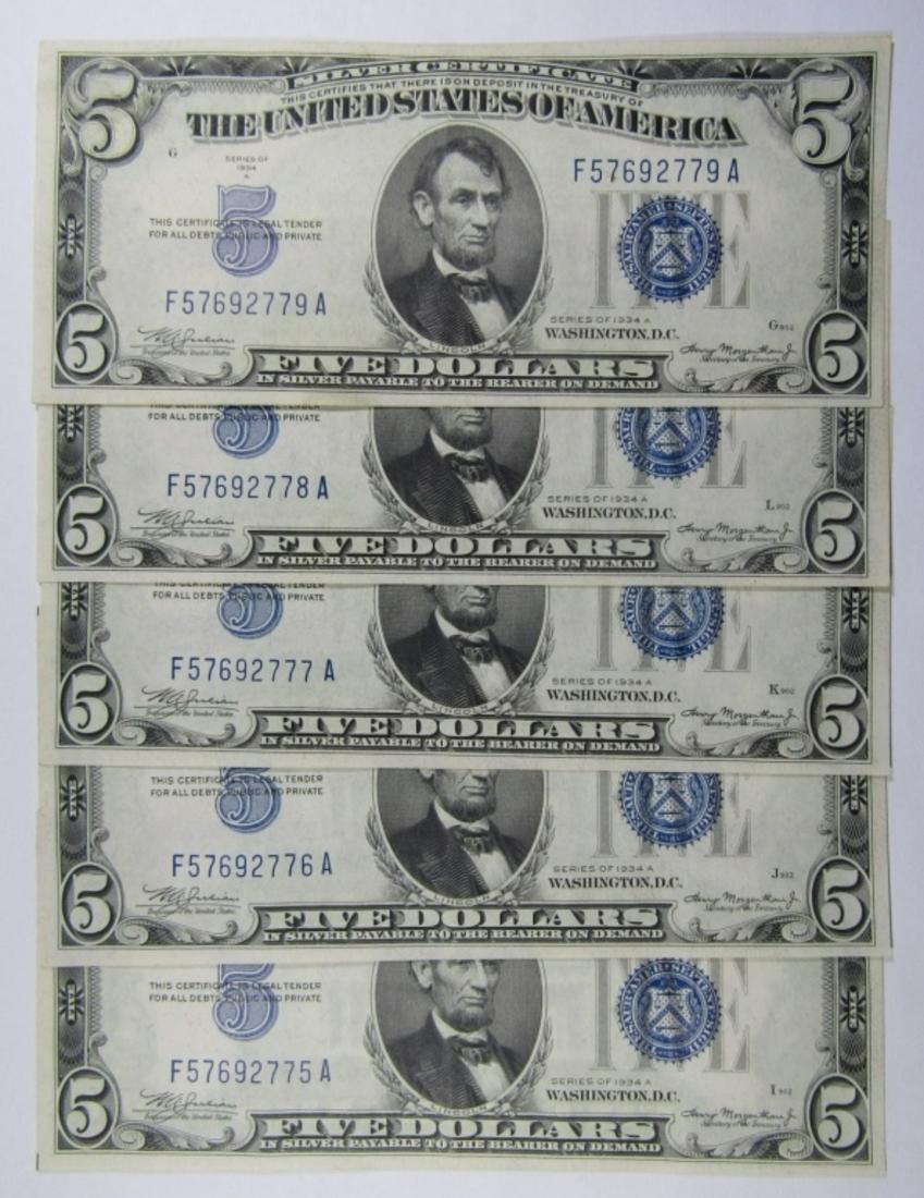 (5) 1934 $5 CONSECUTIVE # SILVER CERTS (1 of 2)