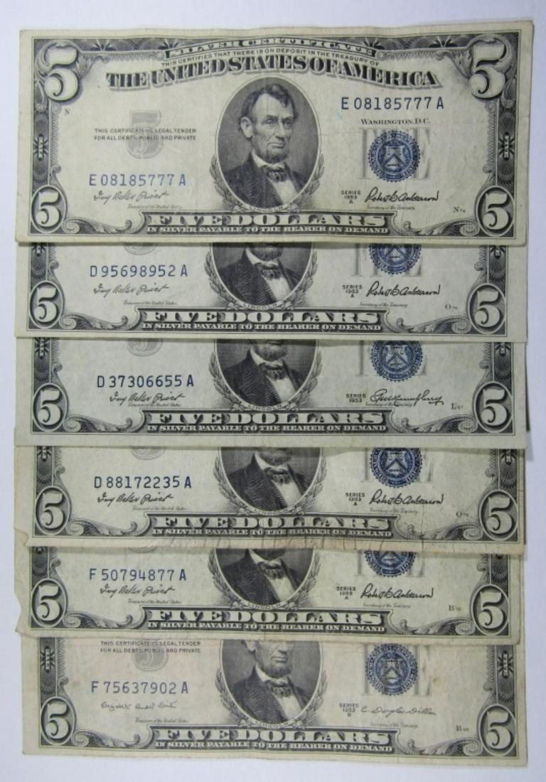 (5) 1953 $5 SILVER CERTIFICATES (1 of 2)