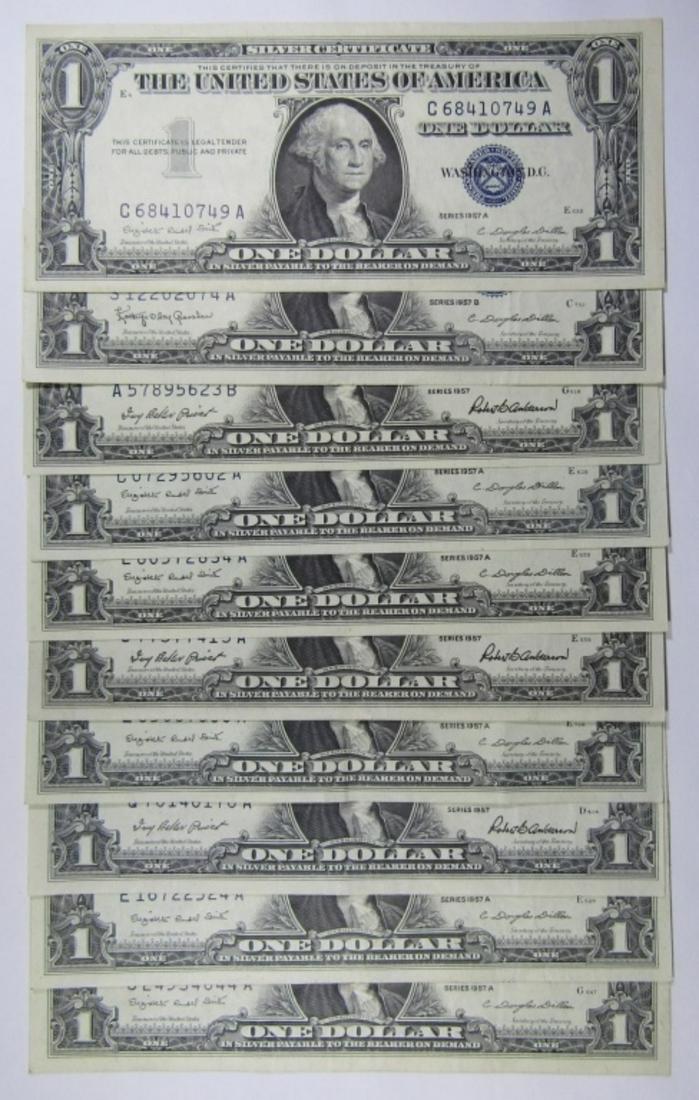 (10) 1957 $1 SILVER CERTIFICATES AU/UNC (1 of 2)