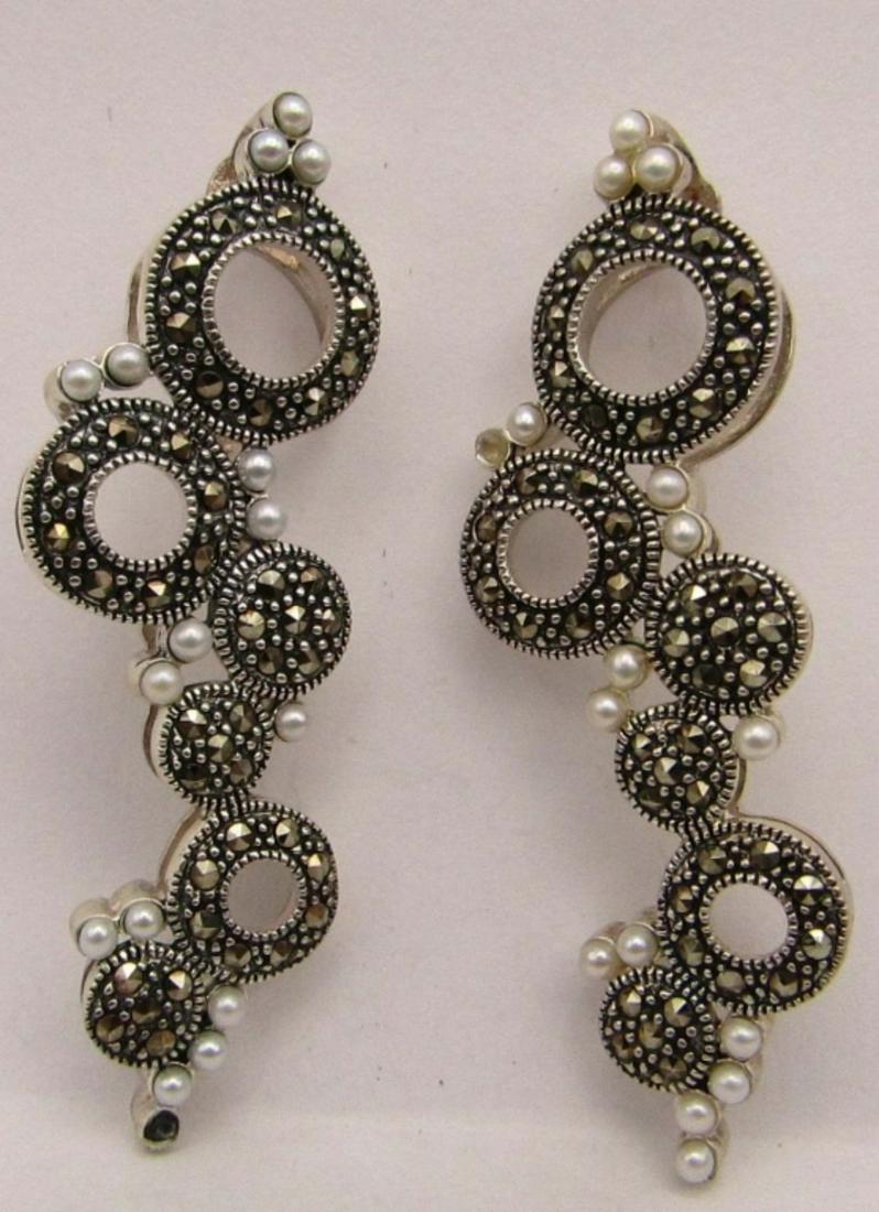 2-STERLING MARCASITE PENDANTS WITH PEARL: ACCENTS-MEASURES APPROX 2 INCHES LONG-TOTAL 8 DWT